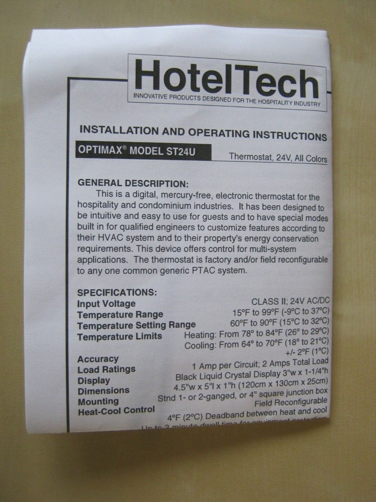 HotelTech Optimax ST24U thermostat installation operating instructions ONLY