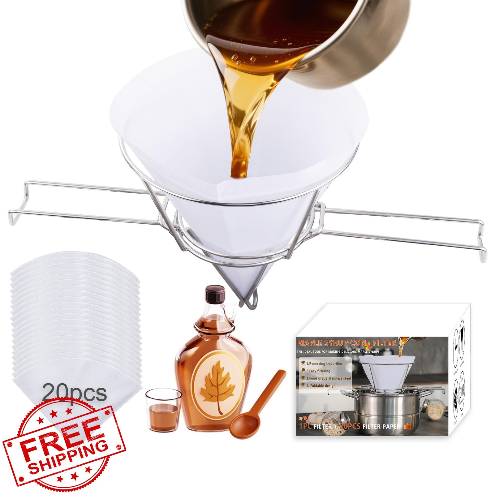 Maple Syrup Cone Filter Holder Stand Stainless Steel Strainer 20 Filters