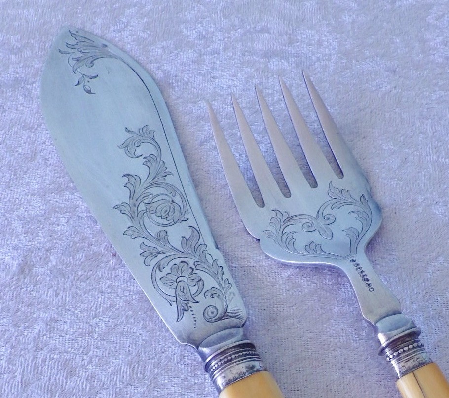 Antique JB James Beebe fish serving fork & knife sterling band silverplate blade