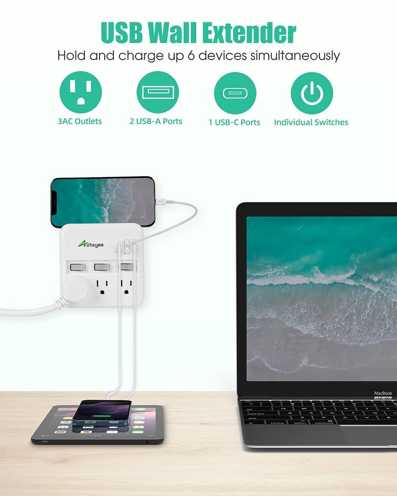 Alitayee Wall Outlet Extender Surge Protector, USB Power Strips with WHITE