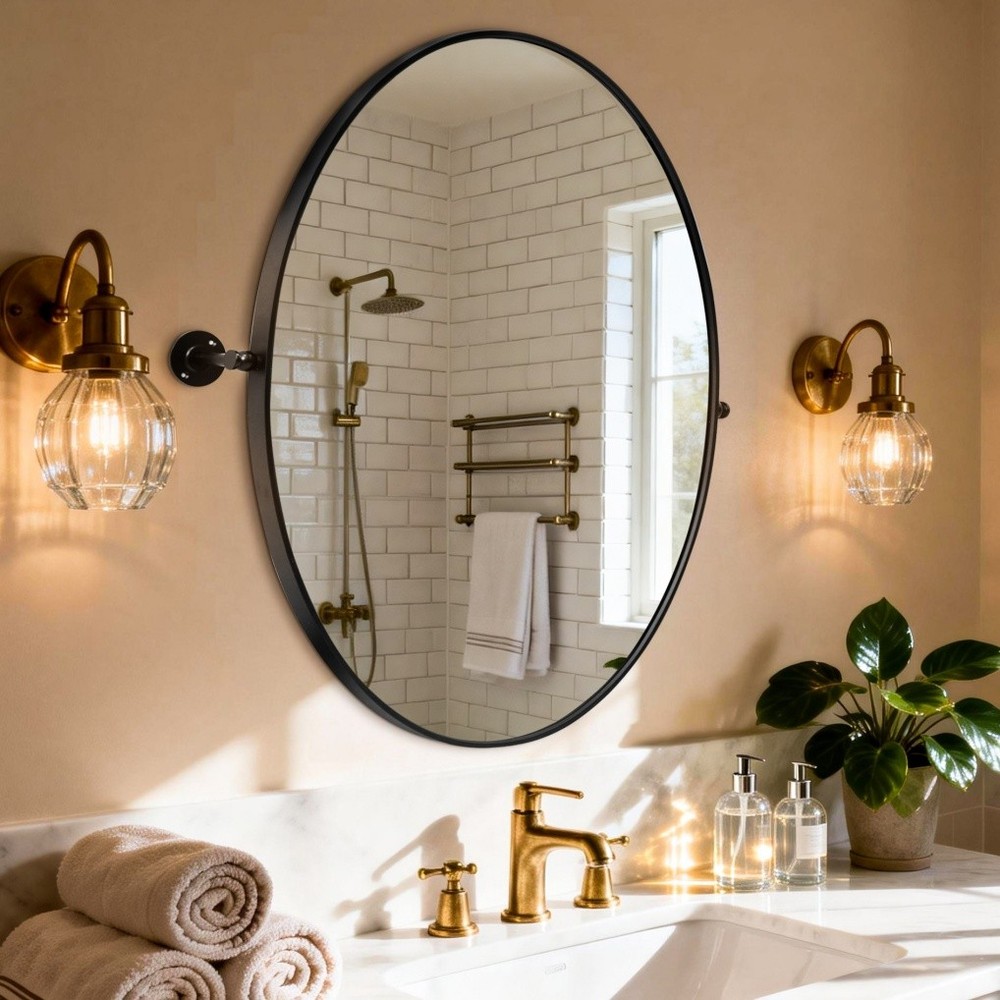 Matte Black Pivot Oval Mirror Wall Bathroom Mirror Tilting Horizontal / Vertical