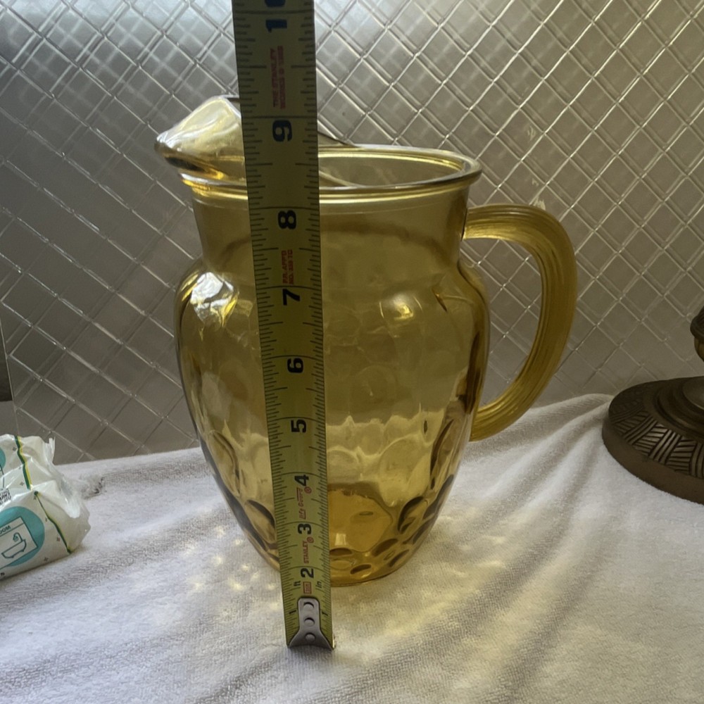Amber Pressed Glass Pitcher, Glossy Solid Round, Handle, 9 in Height