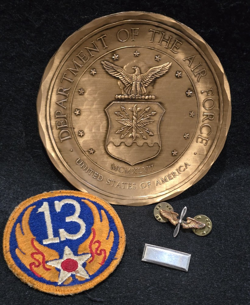 WWII Lot Named 1st Lieutenant B24 Pilot- Sterling Bar, Patch Wings & Bronze Tray