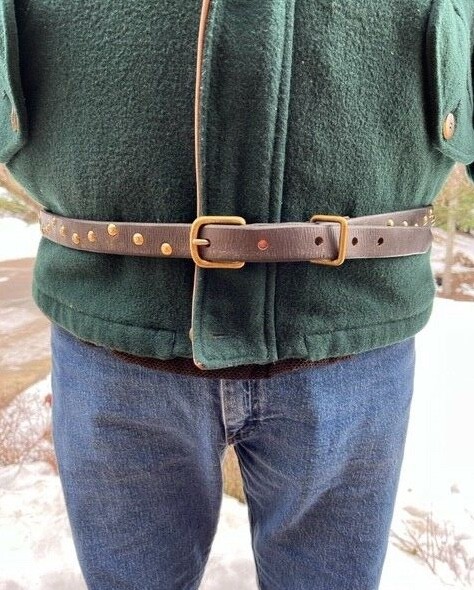 Latigo Mountain Man Rendezvous Belt, Solid Brass Buckle w Brass Plated Tacking