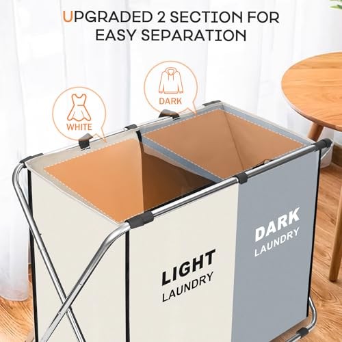 Laundry Cloth Hamper Sorter Basket Bin Foldable with 2 Sections White+gray