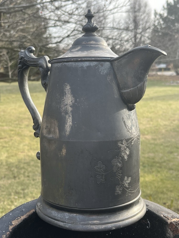 Silver Plate Enamel Lined Victorian Water Pot Pitcher 1868 Grape Vine