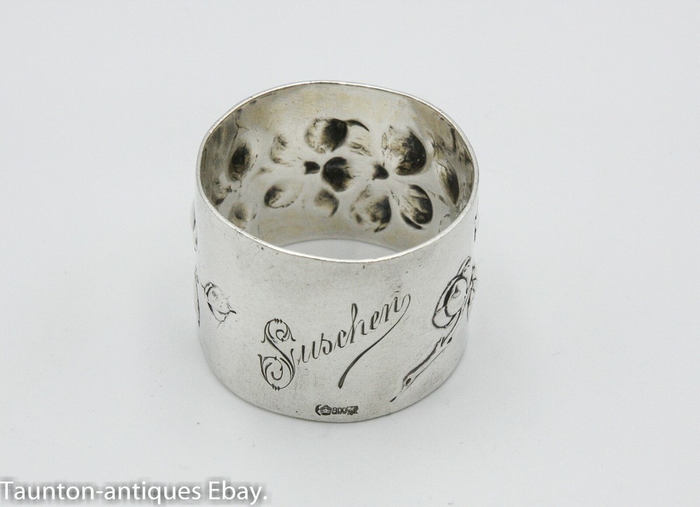 German 800 solid silver napkin ring name engraved 'Suschen' Flowers rose design