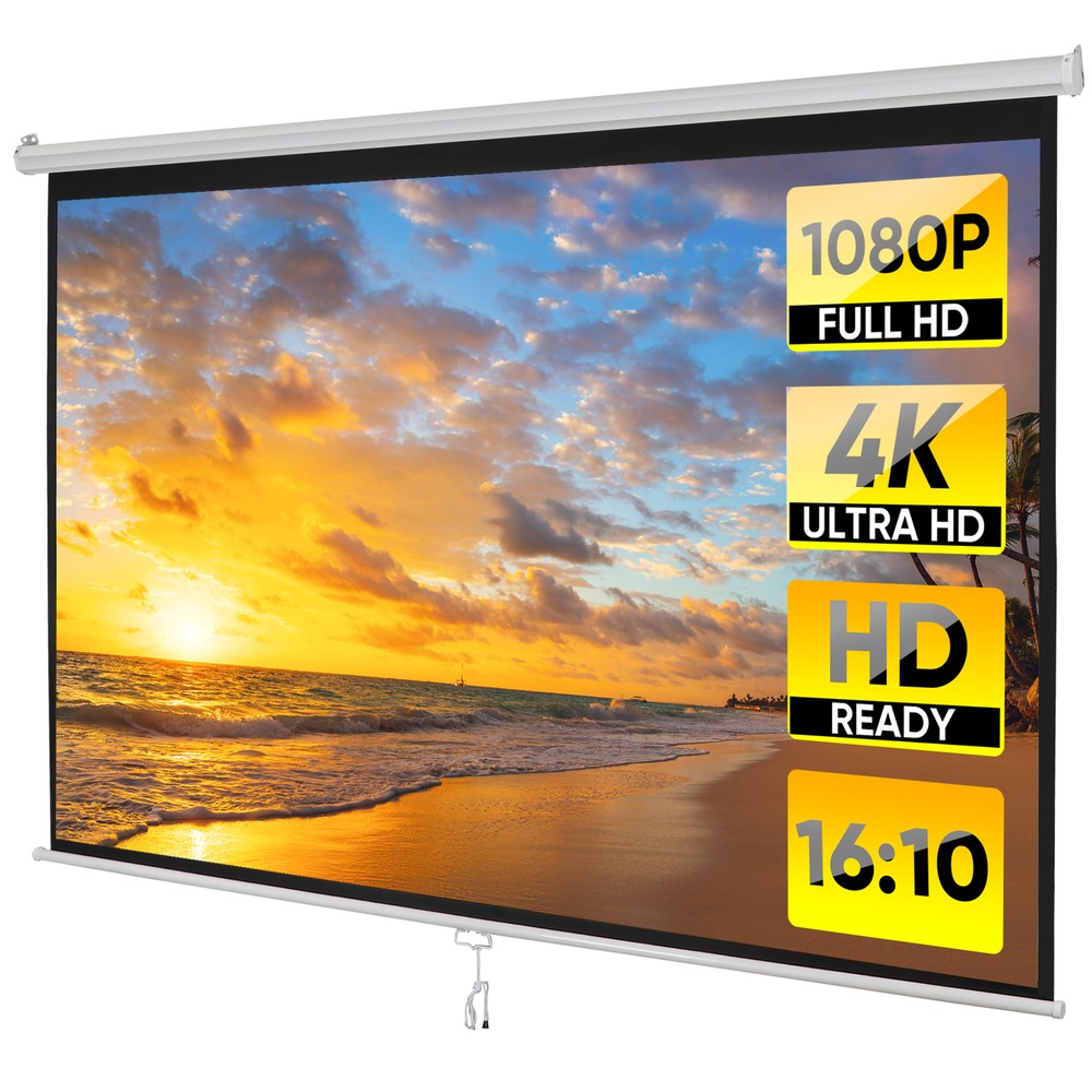 100" Diagonal Projection Screen Manual Pull Down Projector Screen 16:10 HD White