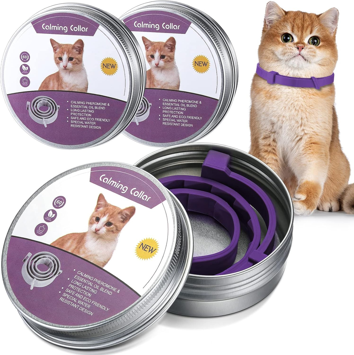 3 Pcs Cat Adjustable Calming Collar, Reduce Anxiety Cat Collars for Pets, Calm C
