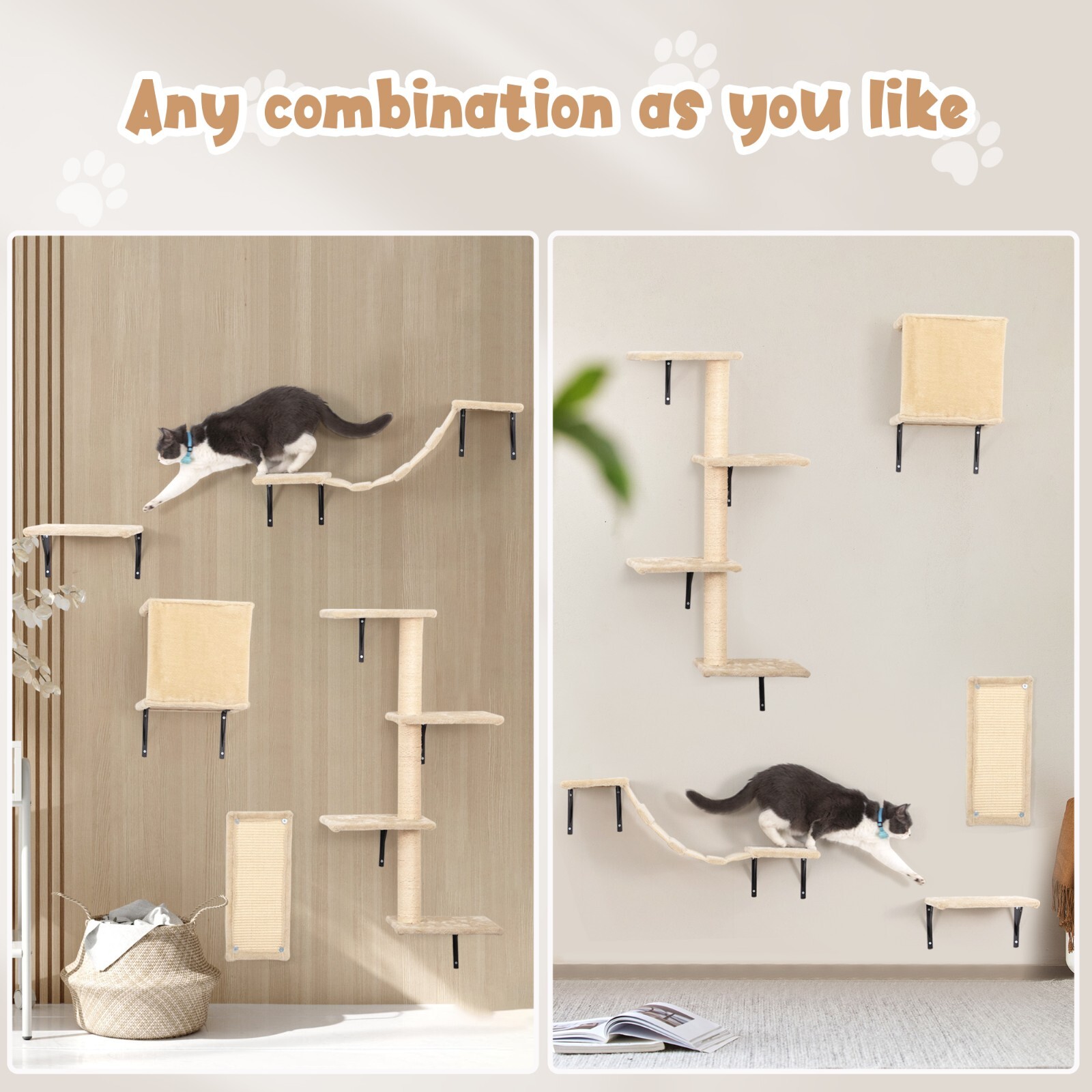 COZIWOW 5 Pcs Wall-Mounted Cat Climber Set Wood Indoor Cat Furniture Cat Shelves