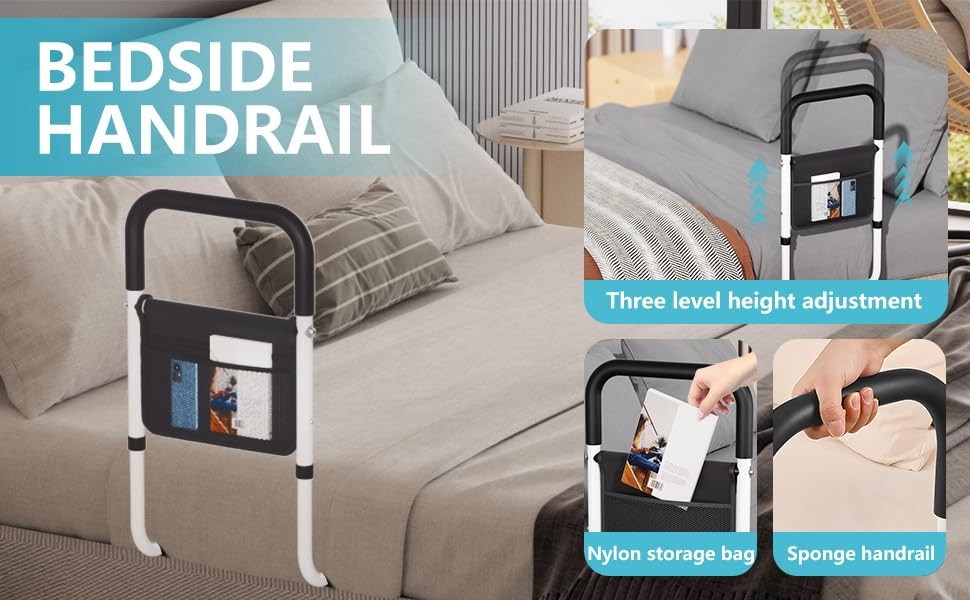 Adjustable Bed Rail Support Handle with Storage Pouch, White and Black, Height