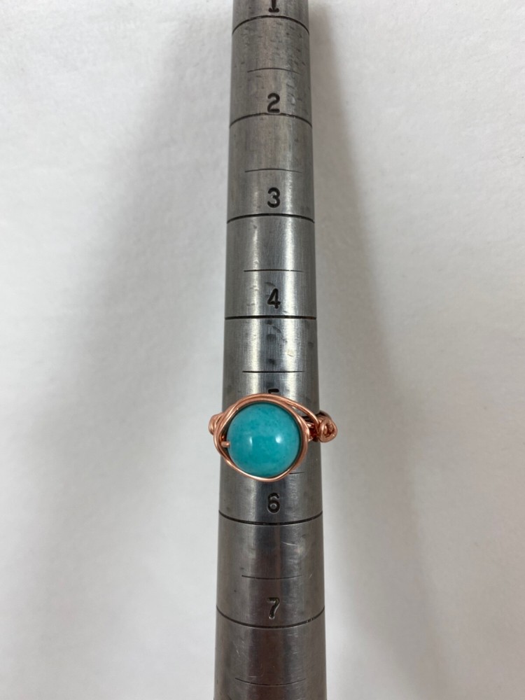 Handmade ~ Copper Wire Wrap ~ Turquoise Glass Ring Size 5 #79