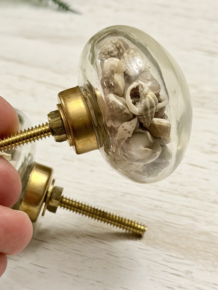 1 Seashell Filled Glass Drawer Pulls Knobs Cabinet Nautical Beach Decor Hardwar