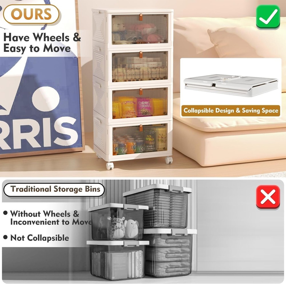 4 Tier Storage Bins with Wheels - Stackable Containers - Collapsible & Portable