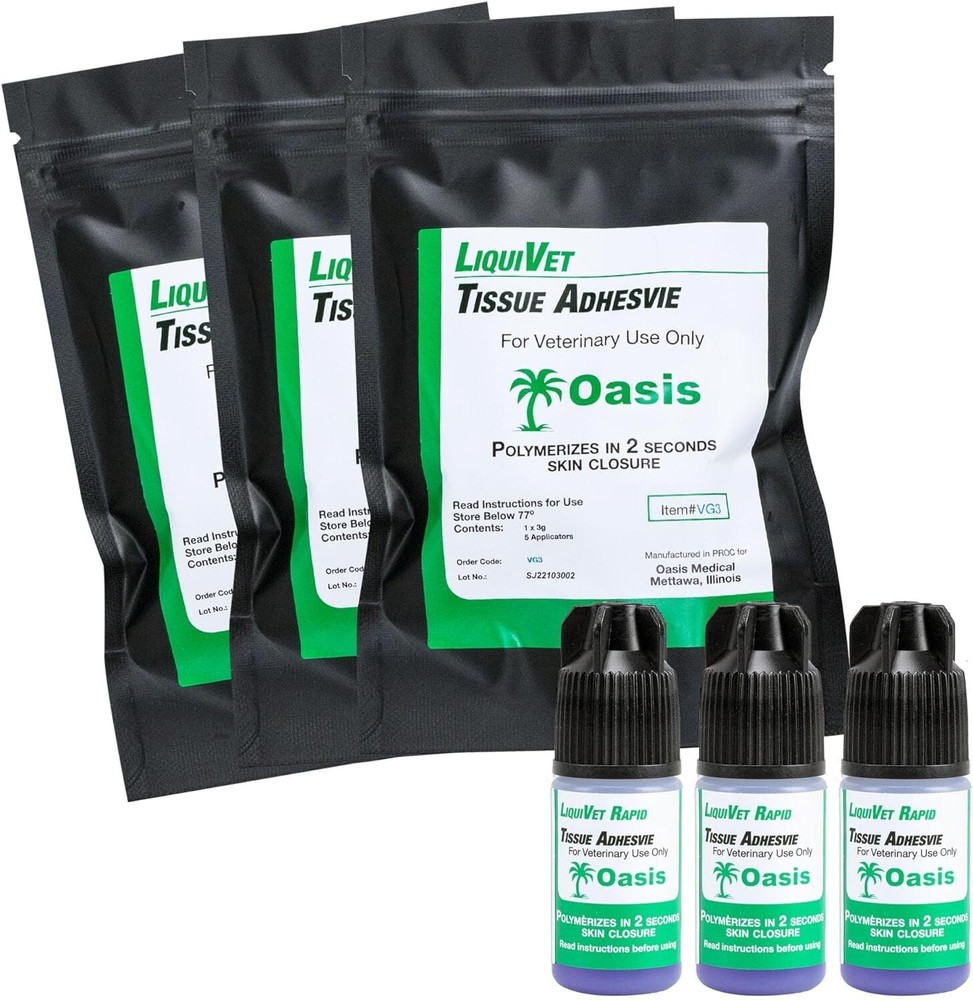 LiquiVet 2 Second Rapid Tissue Adhesive Glue, 3g Bottle, 6 Applicators, 3/Pack
