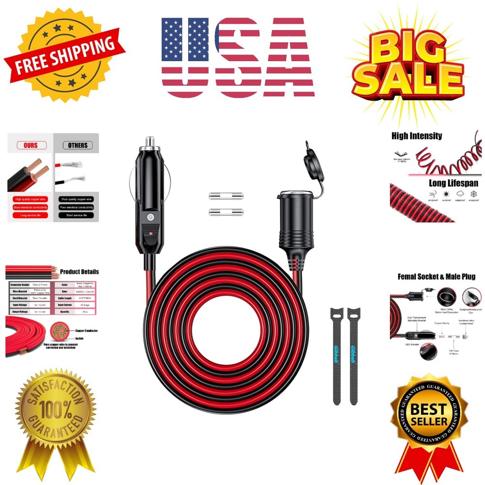 12V/24V 16AWG Heavy Duty Cigarette Lighter Extension Cable 4.9FT, 156W/20A Ma...
