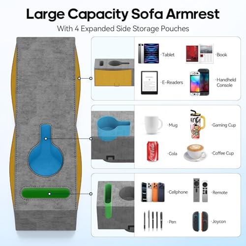 Sofa Armrest Couch Caddy with Cup Holder, Insertable/Removable (1-Pack) Gray