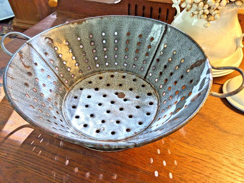 Antique Graniteware Colander Enamelware Strainer Rustic Primitive Farmhouse