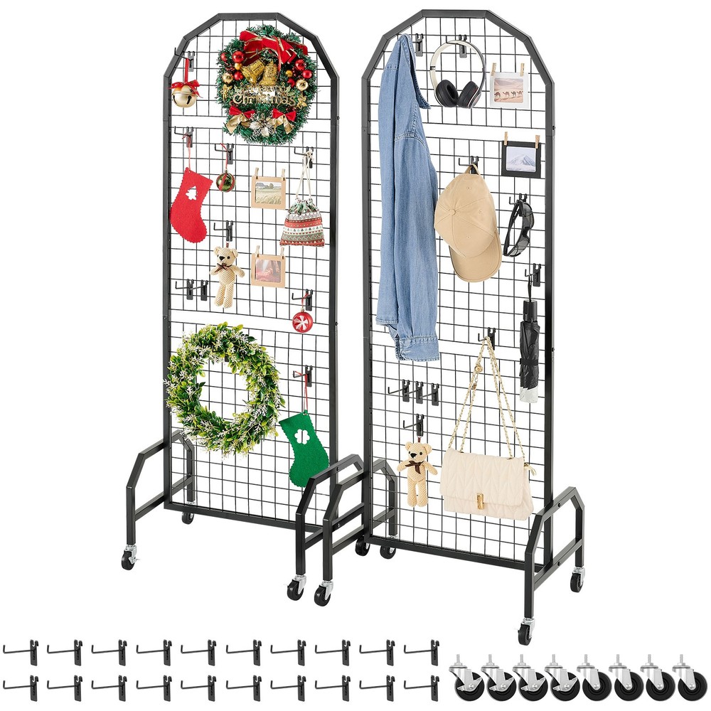 VEVOR 2 Pack Grid Wall Panel 1.9 x 5.4 ft Wire Display Rack with Wheels & Hooks
