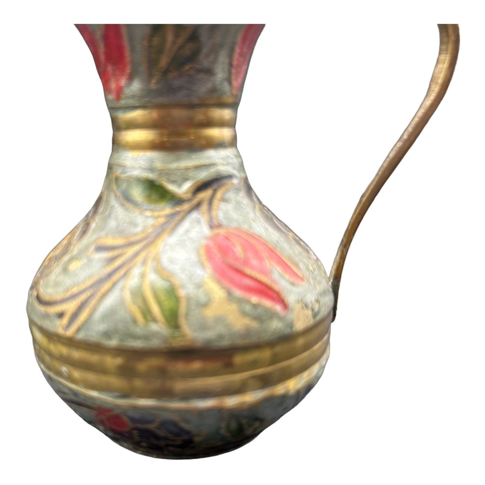Vintage Solid Brass Enamel Cloisonne Champlevé Indian Jug Vase Pitcher 4"
