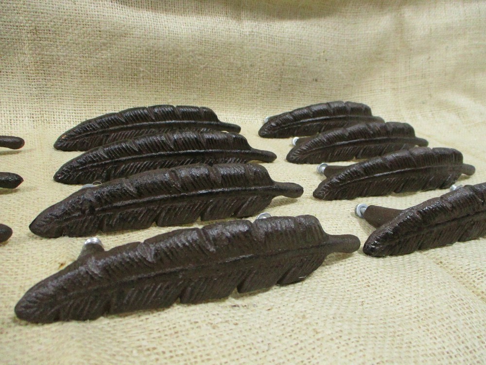 12 Drawer Pulls W/ Screws Handles Knobs Rustic Feather Cast Iron Dresser Kitchen