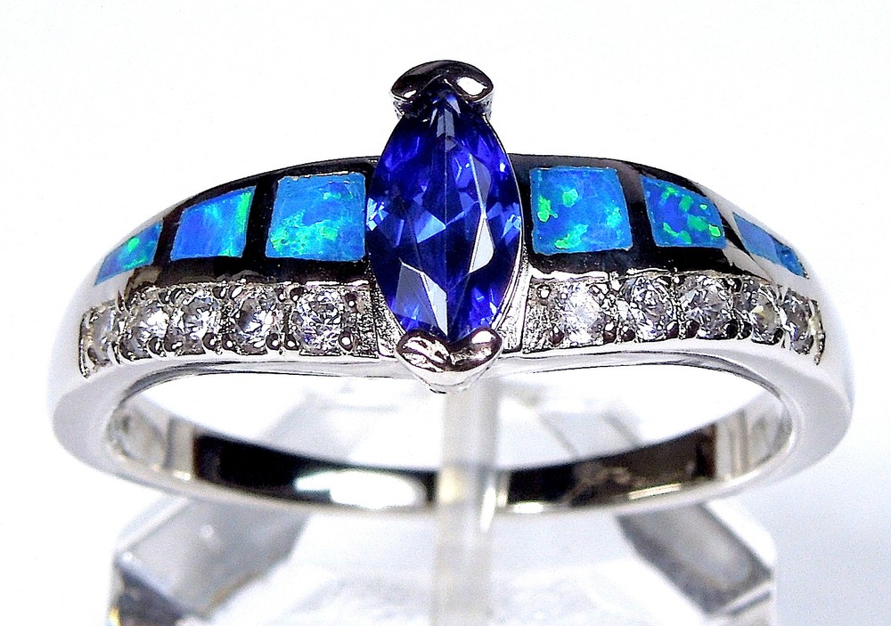 Marquise Tanzanite & Blue Fire Opal Solid 925 Sterling Silver Ring Sizes 6,7,8,9