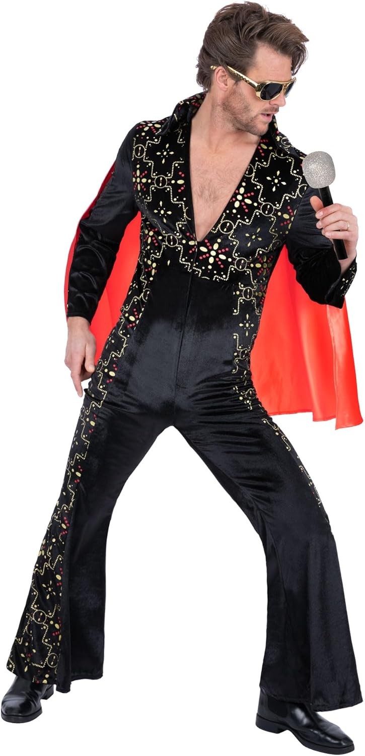 Smiffys Elvis Black Rhinestone Costume for Men, Official Licensed Rock &Roll Out