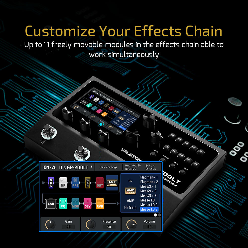 Valeton GP-200 Guitar Bass Amp IR Cabinet FX Loop Expression Effects Processor