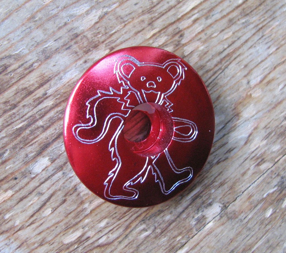 DANCING JERRY BEAR HEADSET STEM TOP CAP 1 1/8" CUSTOM ENGRAVED GRATEFUL DEAD RED