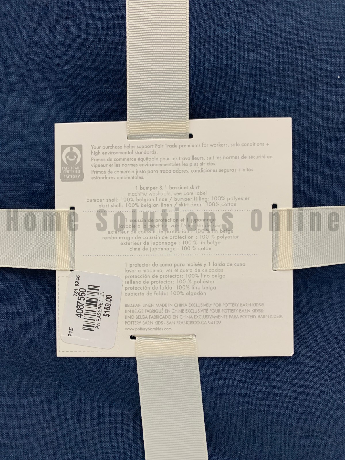 Pottery Barn Baby Belgian Flax Linen Bassinet Skirt & Bumper Navy Blue #9923K
