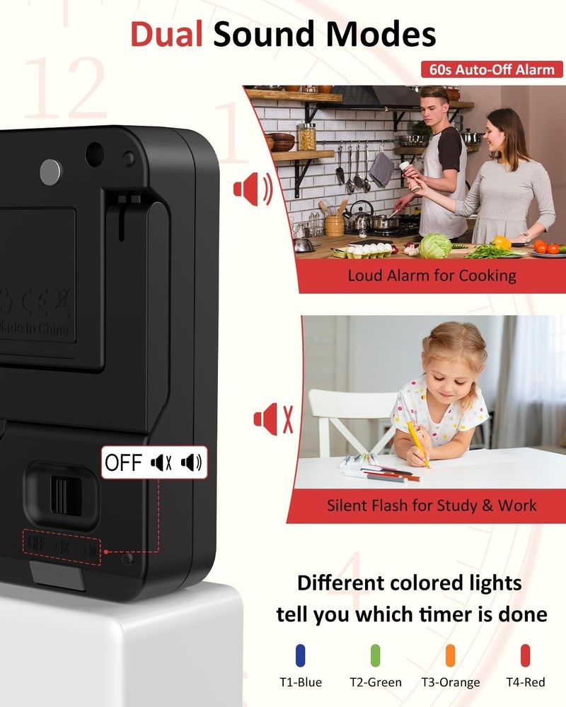 Digital Kitchen Timer for Cooking - 4 Channel Count Up Countdown Timer with L...