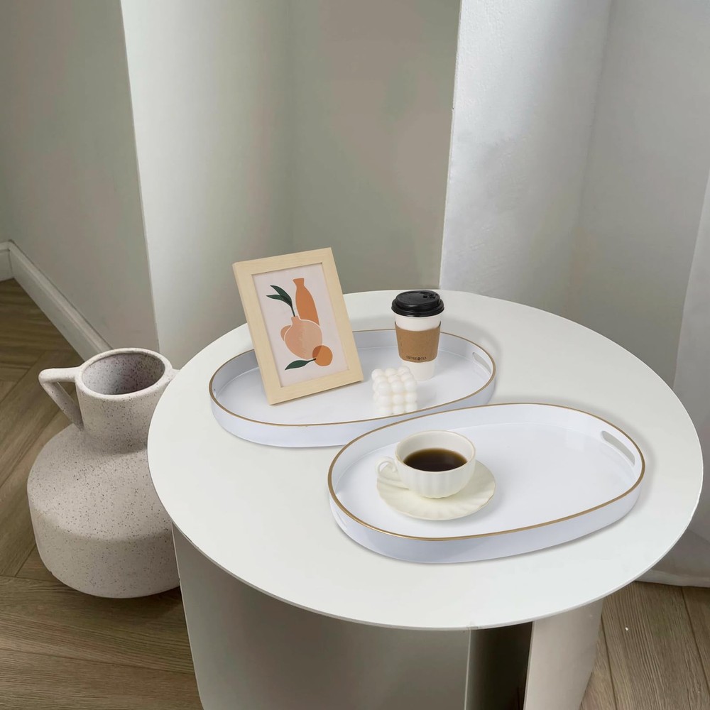 White Oval Decorative Nesting Serving Tray Set Handles Plastic Ottoman 2 PCS