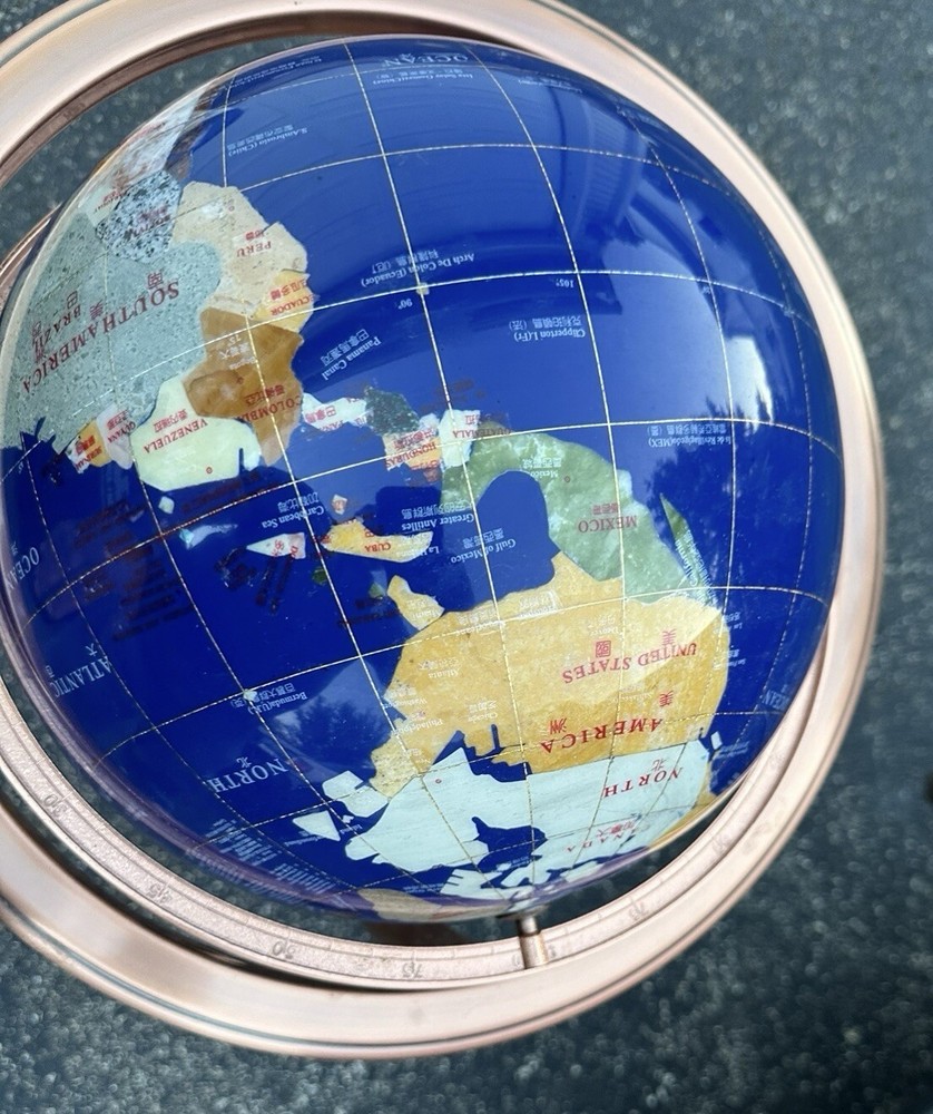 36" Gemstone World Blue Globe Stand, Semi Precious Stones, w/Compass
