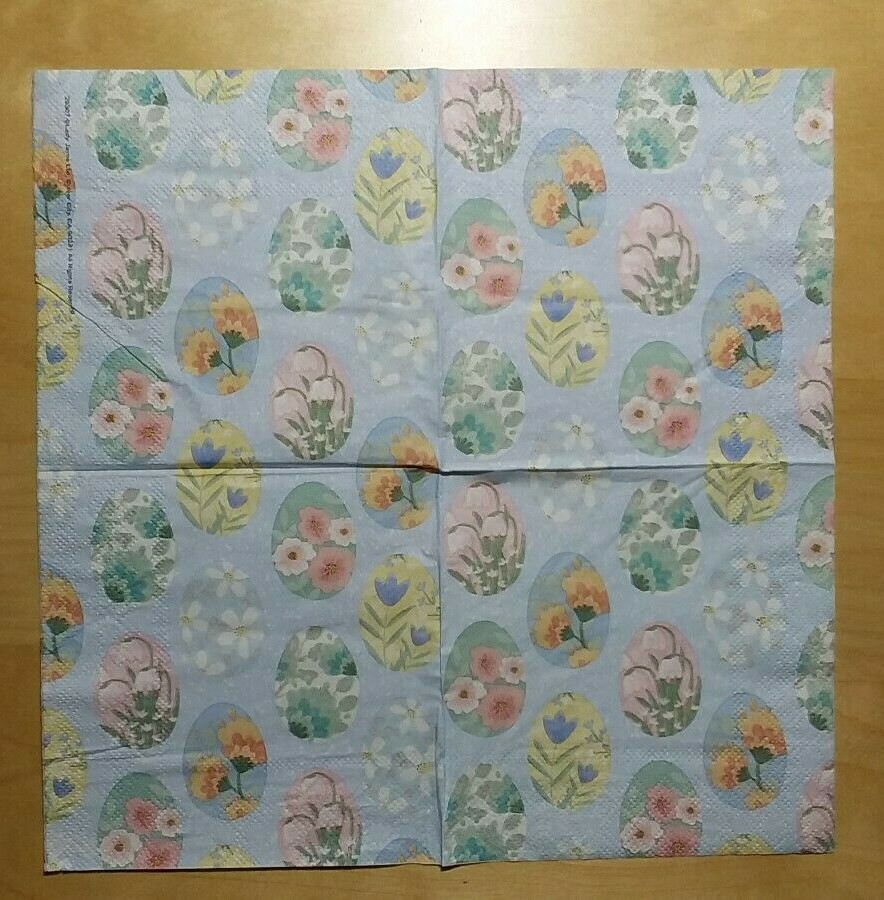 2 Pretty Paper Napkins, Light Blue w/ Easter Festive Eggs 