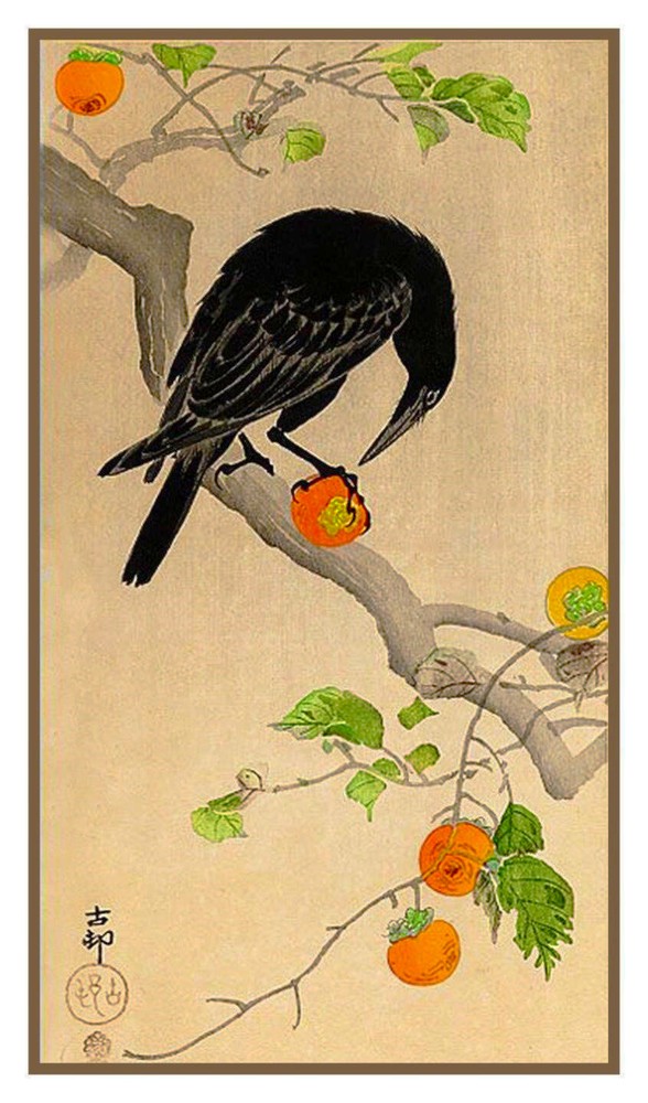 Asian Ohara Shoson Crow Bird Persimmon Count Cross Stitch Chart Pattern