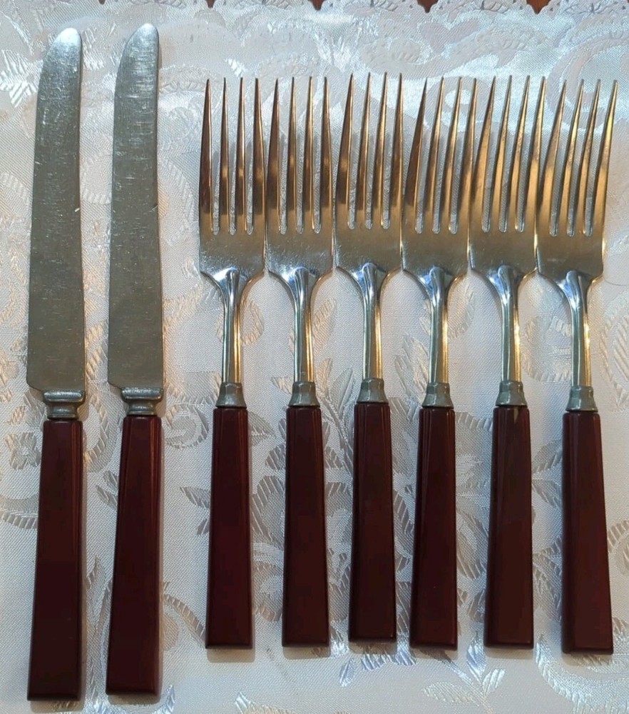 Vintage Sta-Brite 8 Piece Set Bakelite Handle Flatware MCM Stainless Knives...