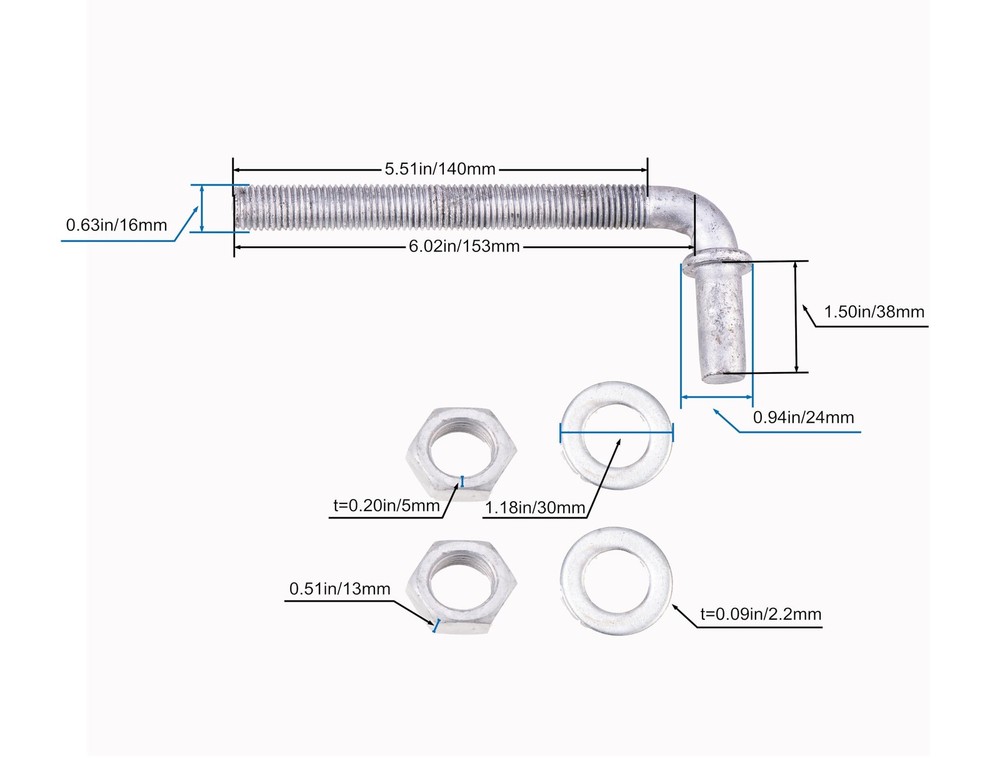 J-Bolt Post Hinge 6" Long with 5/8" Hinge Pin Galvanized - Includes Washers