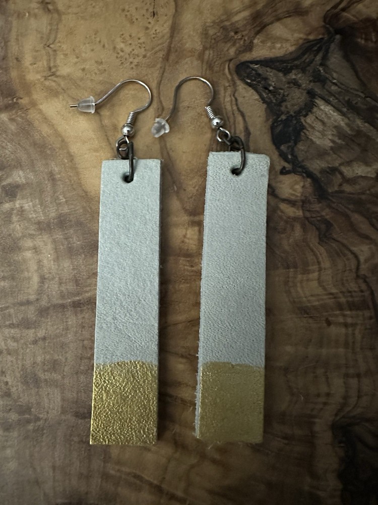 Gray & Gold Painted Bottom Leather Rectangle Dangle Hook Geometric Earrings