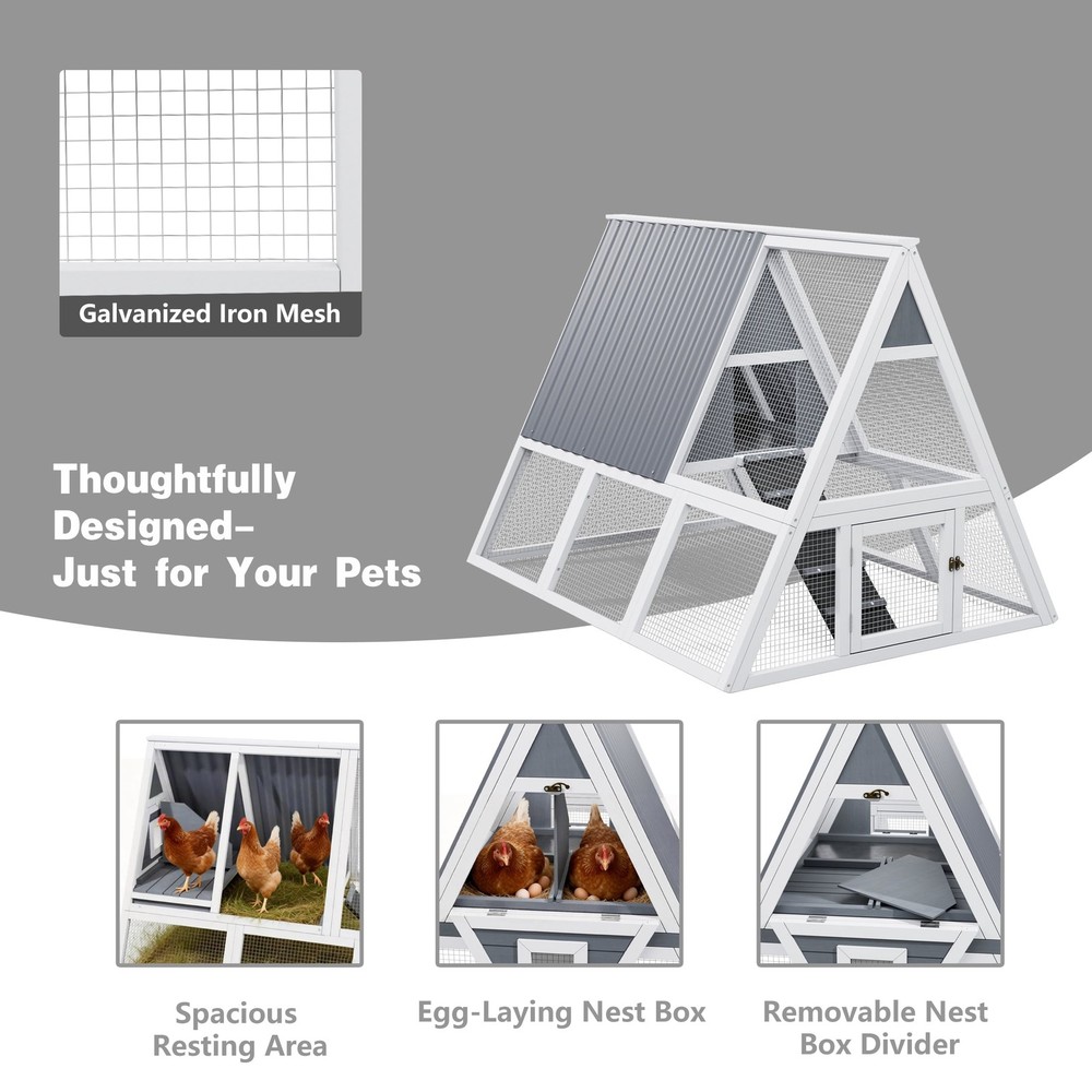 Large Triangular Wire Mesh Chicken Coop with Weatherproof Nesting Box Tray Gray