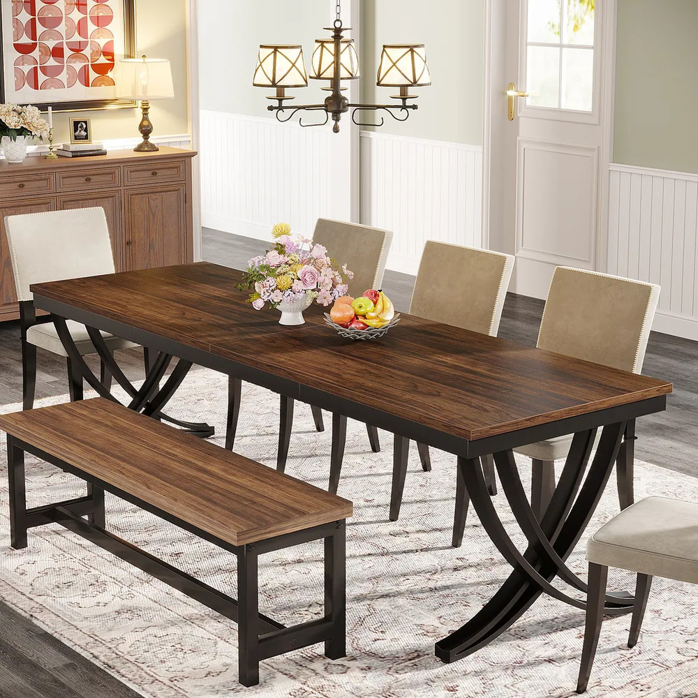 78" Rustic Brown Dining Table Large Rectangular Wood Metal Kitchen Table Seats 8