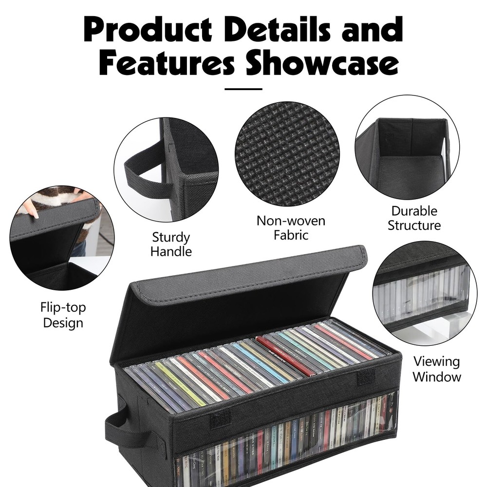 2 Pack CD Storage Box Case Holder w/ Handles and Lid, Stackable CD Organizer Box
