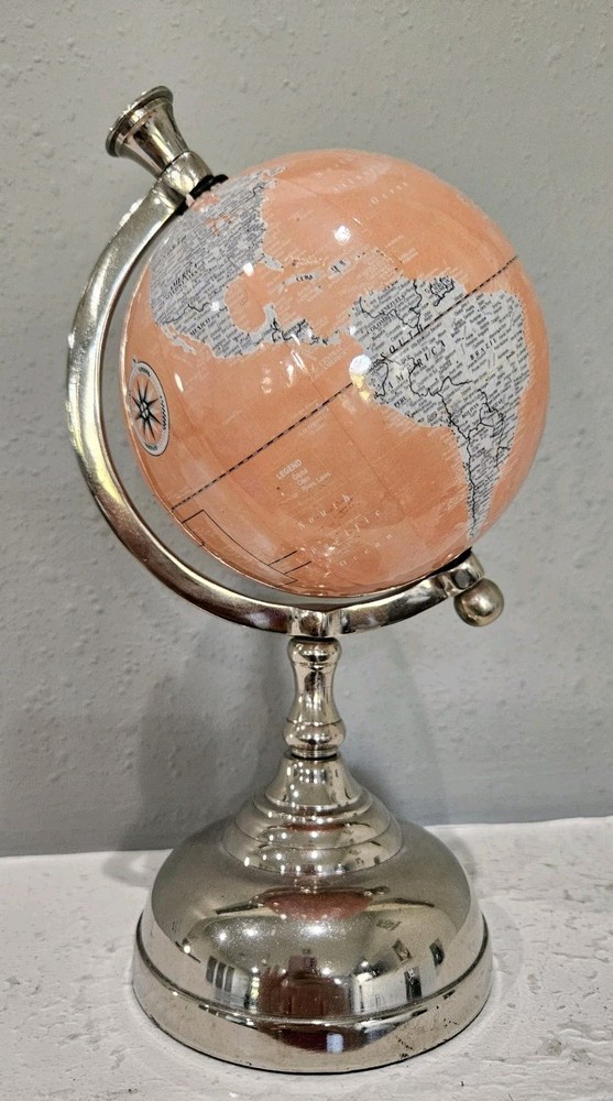 World Globe Rotating Peach Blue Silver Stand Home Decor 10.5"