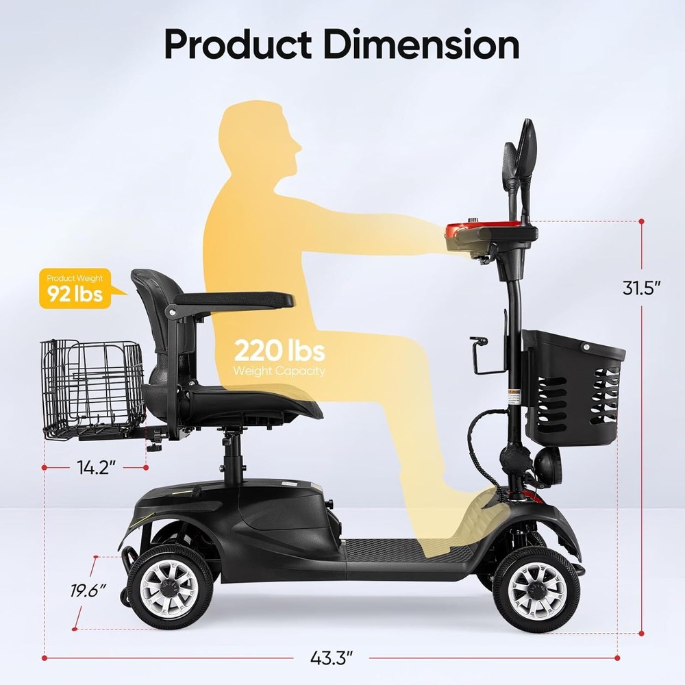 4 Wheels Mobility Scooter Long Range All Terrain LED Headlights With Baskets