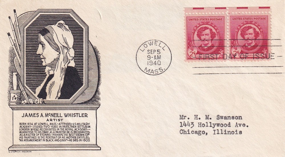 STAMP US SCOTT 885 "J. A. McNeill Whistler" 2 CENT 1940 PAIR FDC - A