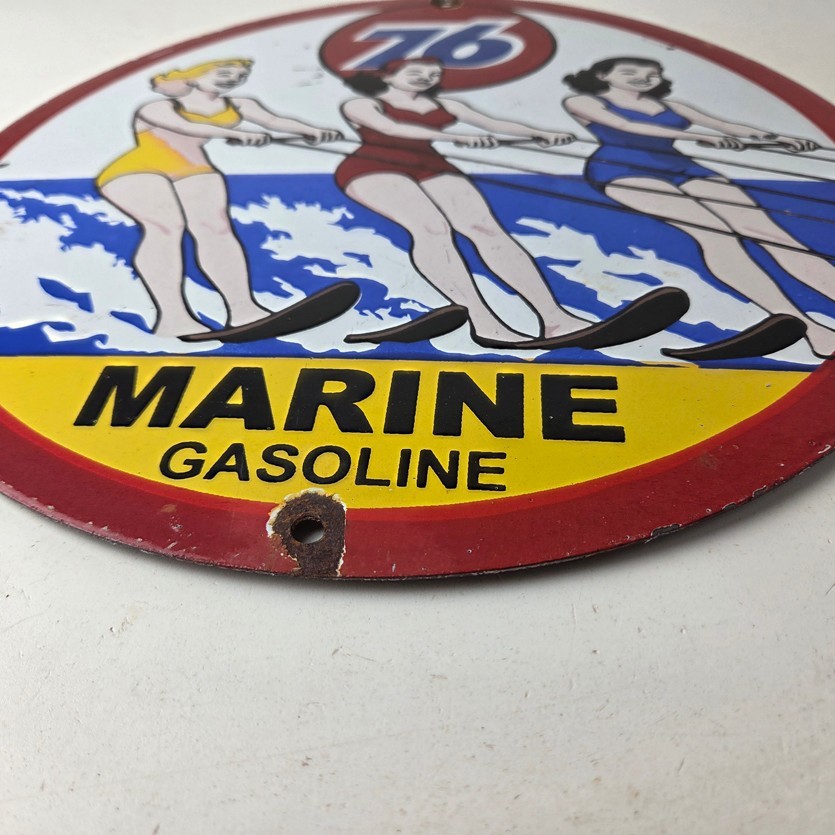 Vintage Union 76 Gasoline Sign - Porcelain Ski Show Gas Service Pump Sign