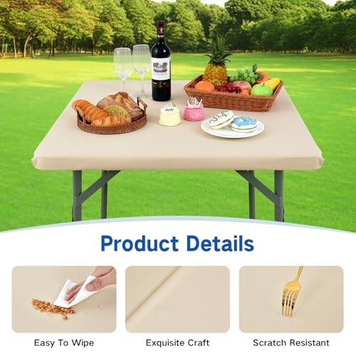Square Elastic Fitted Tablecloth, Windproof Polyester 34" x 34" (Square) Beige