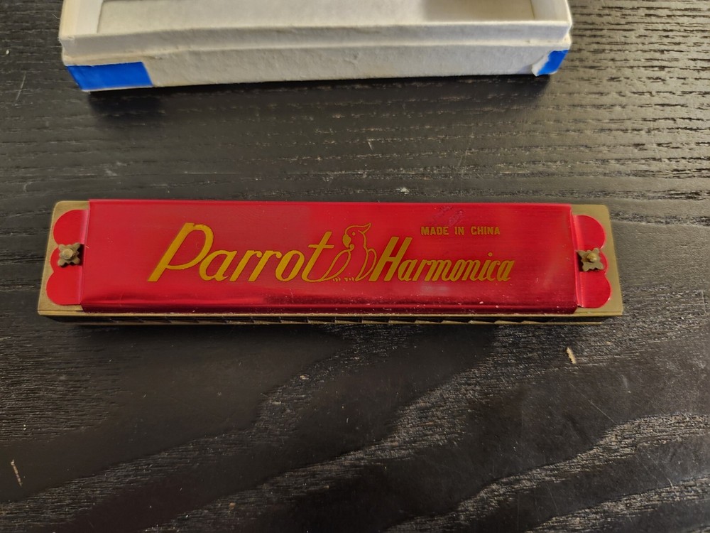 Vintage Parrot 16 Hole Red Harmonica with Box
