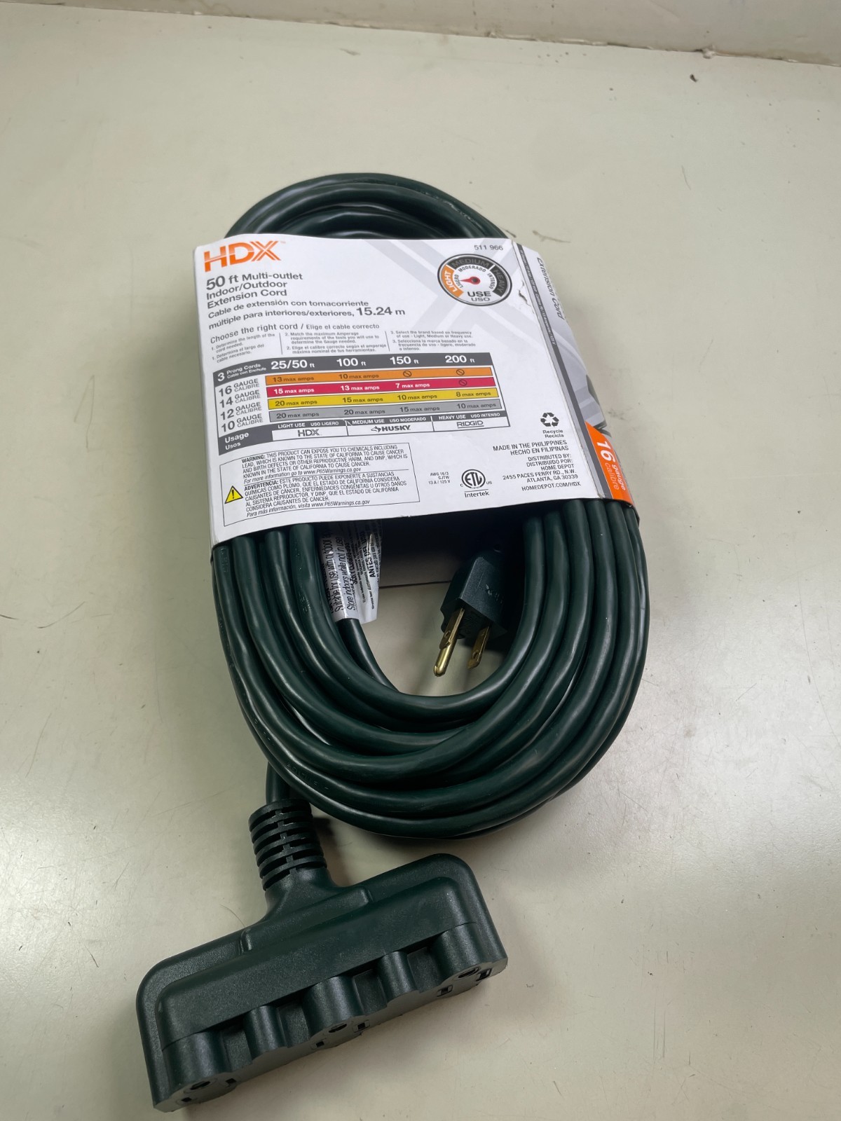HDX 50 ft. 16/3 Indoor/Outdoor Extension Cord Triple Tap End, 3-Outlet Green