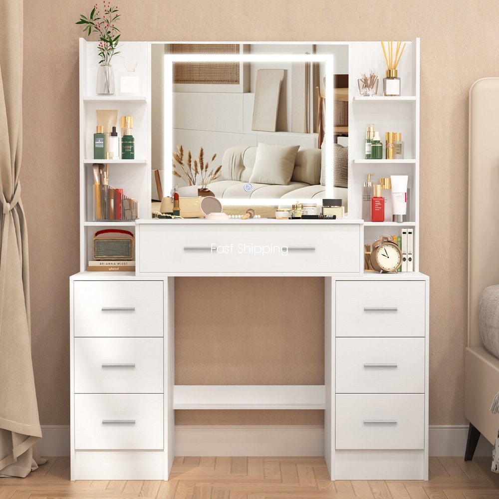 Dressing Table High-gloss Vanity Makeup Desk with LED Mirror 7 Drawers White