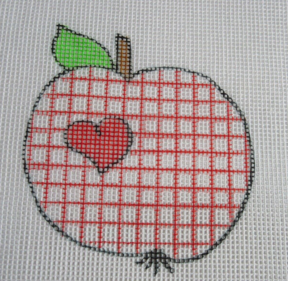 Handpainted Needlepoint Canvas Apple With Heart - New